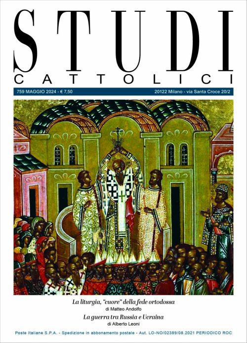 copertina di maggio del numero di studi cattolici (759) con l'immagine dell'icona dell'esaltazione della santa croce conservata presso la cattedrale di santa sofia a Novgorod