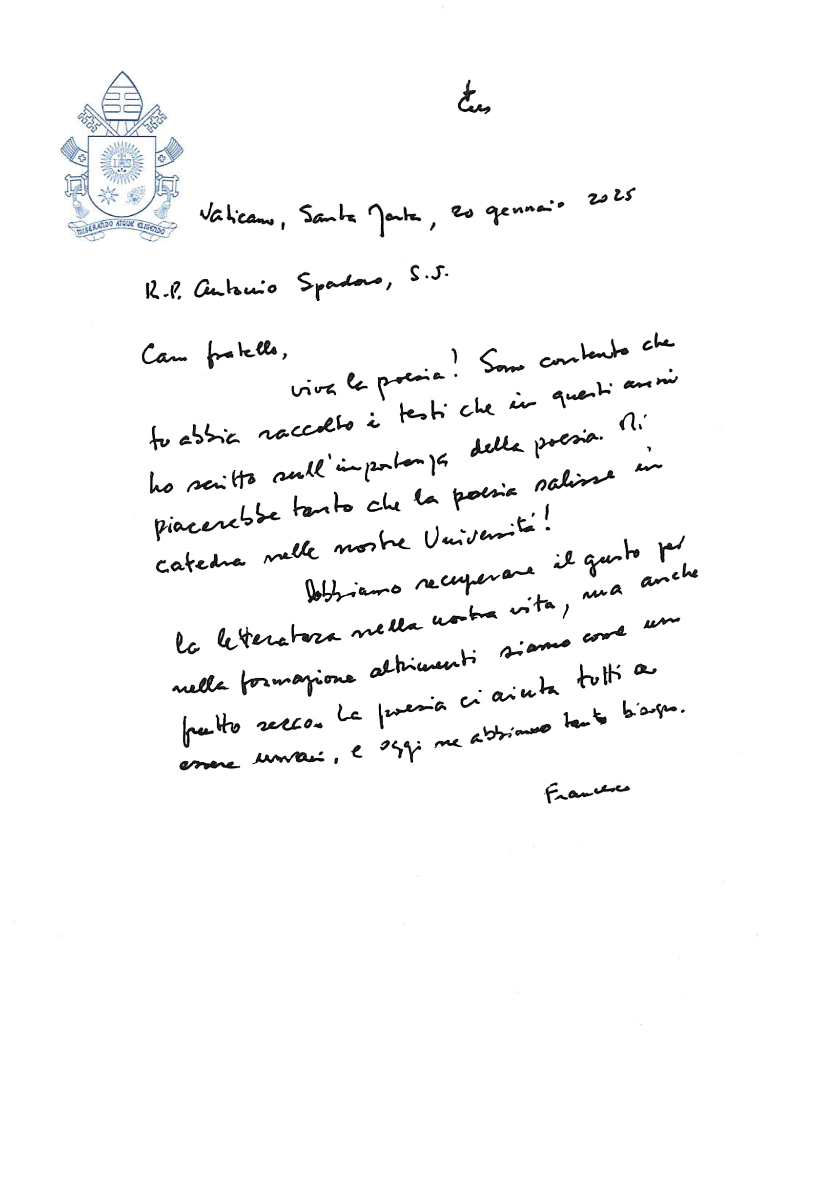 chirografo di papa francesco per viva la poesia